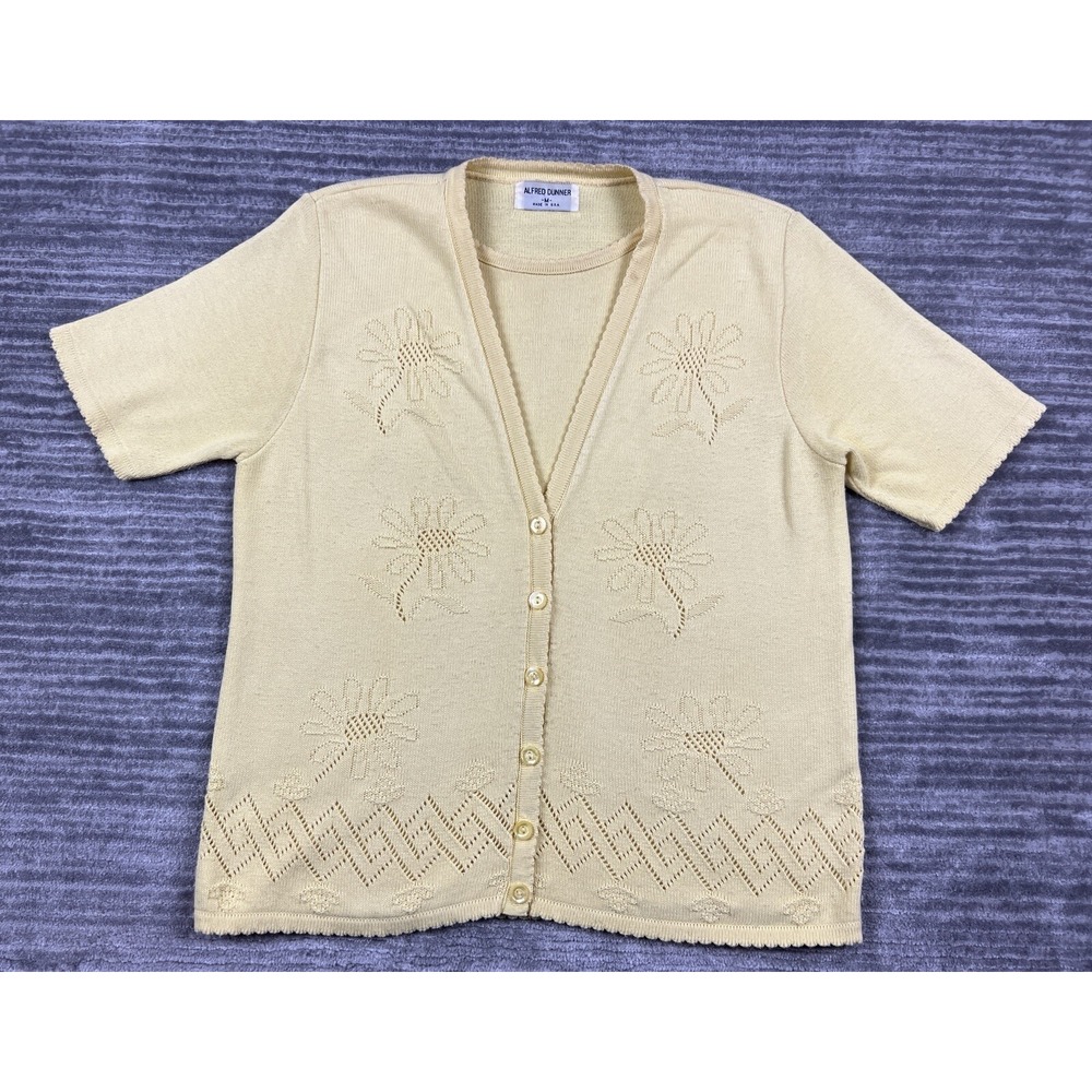 Alfred Dunner Cardigan Womens M Yellow Floral Pointelle Short Sleeve Vintage USA